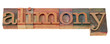 alimony word in letterpress type