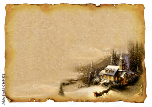 Photo: Old paper sheet on the Christmas theme horizontal Old paper sheet on the Christmas theme horizontal