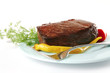 meat block on blue dish meat block on blue dish