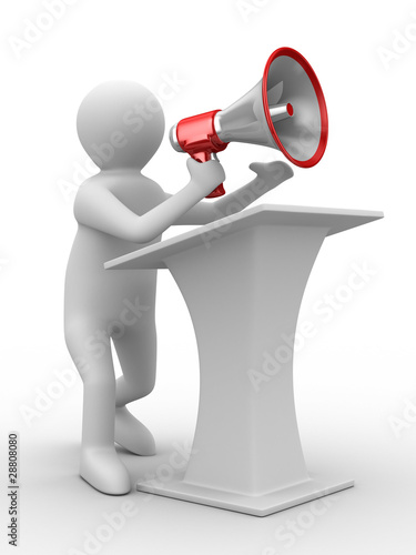 Illustration: orator speaks in megaphone. Isolated 3D image orator speaks in megaphone. Isolated 3D image