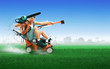 Crazy workman covered with instruments driving lawn mower