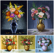 Flowers, asters in a vases. Picture oil paints, set