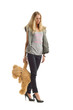 upset woman with teddy bear