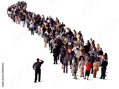Illustration: long queue of people, back view long queue of people, back view