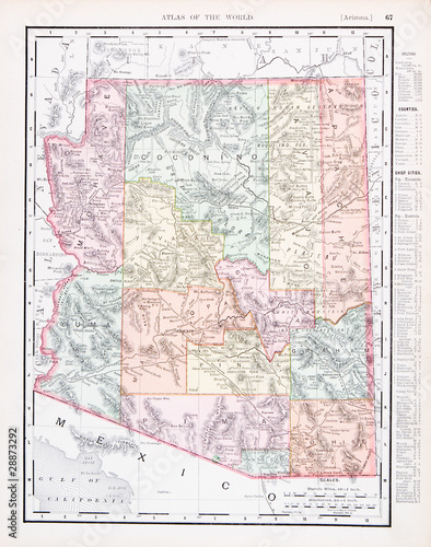 map of arizona usa. Antique Vintage Color Map of Arizona, AZ, United States, USA