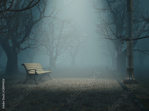 Illustration: lonely bench in misty park lonely bench in misty park