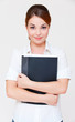 assured businesswoman with black folder assured businesswoman with black folder