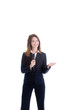 Smiling Woman Holding Microphone, Isolated White Background
