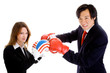 Chinese Man American Caucasian Woman Boxing Gloves Flag Isolated