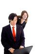Photo: Woman Shoulder Surfing Asian Man Magnifying Glass Isolated White Woman Shoulder Surfing Asian Man Magnifying Glass Isolated White