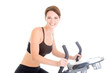 Young Woman Riding Exercise Bike Isolated White Background