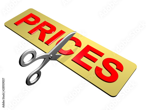 Illustration: A pair of scissors cutting through prices A pair of scissors cutting through prices