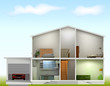 House cut with interiors on against the sky