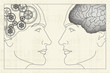 Two opposite profiles with brain and gears inside