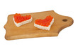 Two pieces of bread in the form of a heart and red caviar