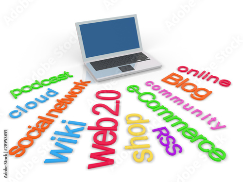 Illustrazione: rendered web 2.0 word cloud with laptop. rendered web 2.0 word cloud with laptop.