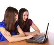Two girlfriends looking at laptop Two girlfriends looking at laptop