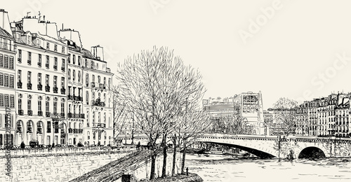 Vector: Vector illustration of a view from Pont St Louis on Seine River Vector illustration of a view from Pont St Louis on Seine River