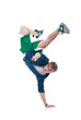 bboy standing on one hand and pointing