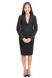 Beautiful young businesswoman standing on white background