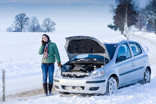 Photo: Winter car breakdown - woman call for help Winter car breakdown - woman call for help
