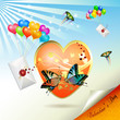 Big heart, envelopes raised by balloons
