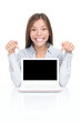 Woman showing netbook laptop Woman showing netbook laptop