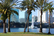 Orlando, Florida. Lake Eola and palm trees in foreground.