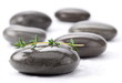 Spa stones with green leaves on a white background.