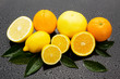 Orange, lemon and grapefruit on wet surgace
