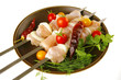 fresh raw chicken kebabs on plate