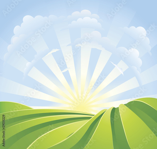Vector: Idyllic green fields with sunshine rays and blue sky Idyllic green fields with sunshine rays and blue sky