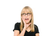 Foto: Young woman laughing with hands on glasses, facial exercise Young woman laughing with hands on glasses, facial exercise