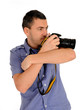 professional male photographer taking picture . isolated on whi