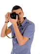 professional male photographer taking picture . isolated on whi