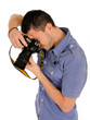 professional male photographer taking picture . isolated on whi