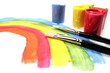Rainbow painting with brushes and color paint buckets