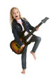 Cute little girl playing video game guitar