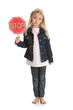 Cute little girl holding a stop sign, with a sad face