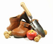 sabot, bèche, pomme, et noix