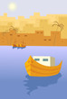 man and boat on town background