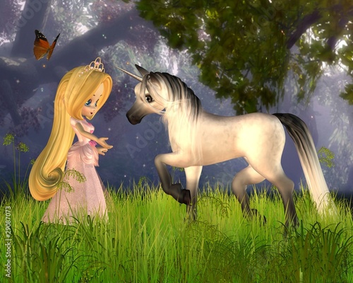 Illustration: Cute Toon Fairytale Princess and Unicorn Cute Toon Fairytale Princess and Unicorn
