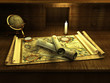Vintage globe and compass on antique map