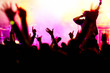 concert crowd in front of bright yellow/purple stage lights concert crowd in front of bright yellow/purple stage lights