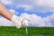 Lady placing a golf ball and tee in the grass