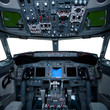 Boeing interior, cockpit view inside the airliner Boeing interior, cockpit view inside the airliner