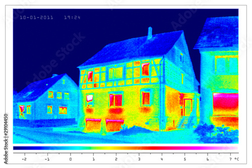Illustration: thermal imaging of old houses in a village thermal imaging of old houses in a village