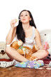 Playful pretty girl blow bubbles. Isolated