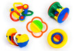 Set of colorful baby rattle toys isolated on white
