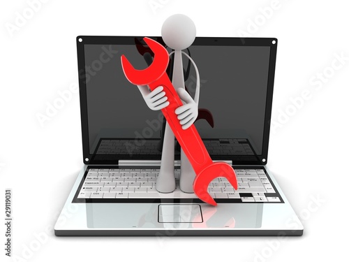 Illustration: laptop and worker laptop and worker